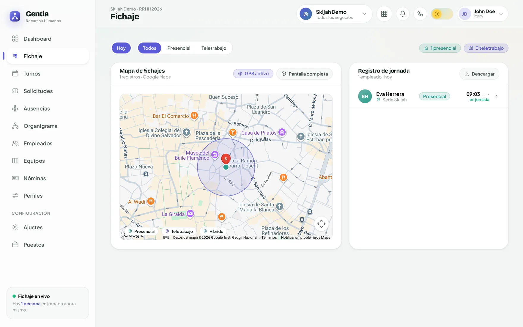 Fichaje con mapa en tiempo real, geocerca y registro de jornada.